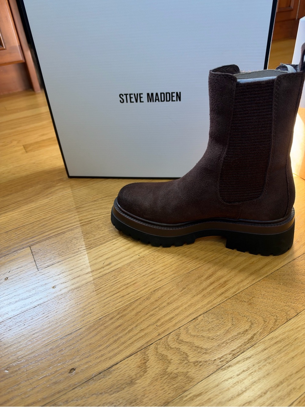 Steve Madden Dark Brown Suede Chelsea Lug Bootie